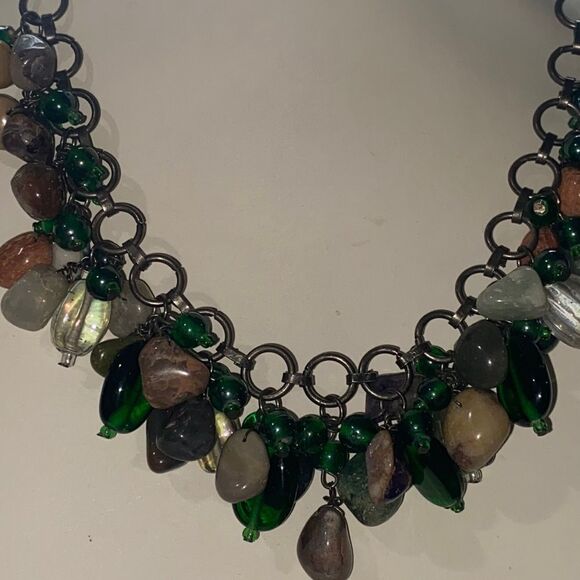 Vintage Semi Precious Stone & Green Glass Cluster Necklace - Picture 3 of 16